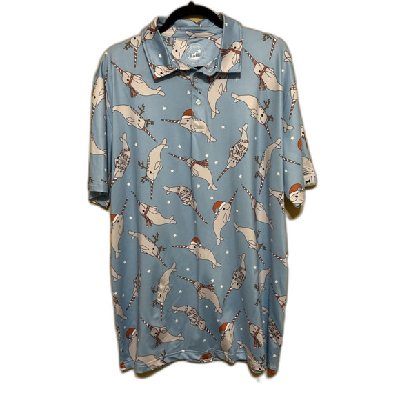 Proud 90 Golf Performance Polo Shirt Menx XL Blue Christmas Narwhal Holiday - Picture 1 of 5